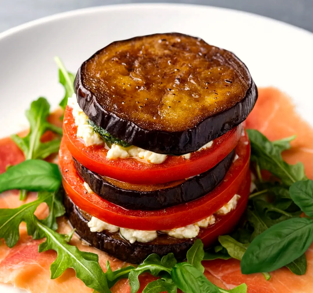 The eggplant tower: stacked balsamic eggplant, beefsteak tomato and goat cheese with basil