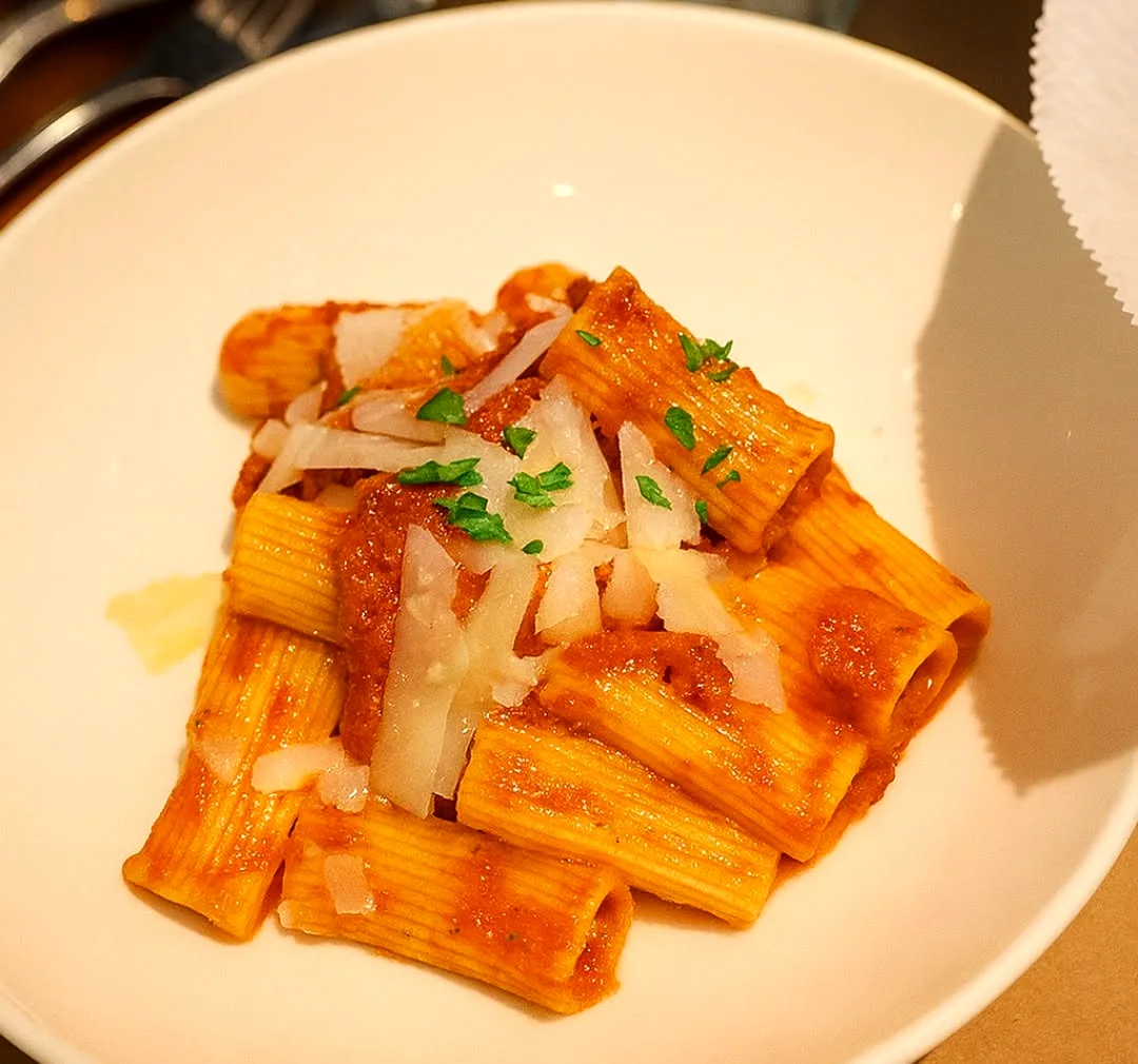 Rigatoni in tomato sauce under shaved parmigiano