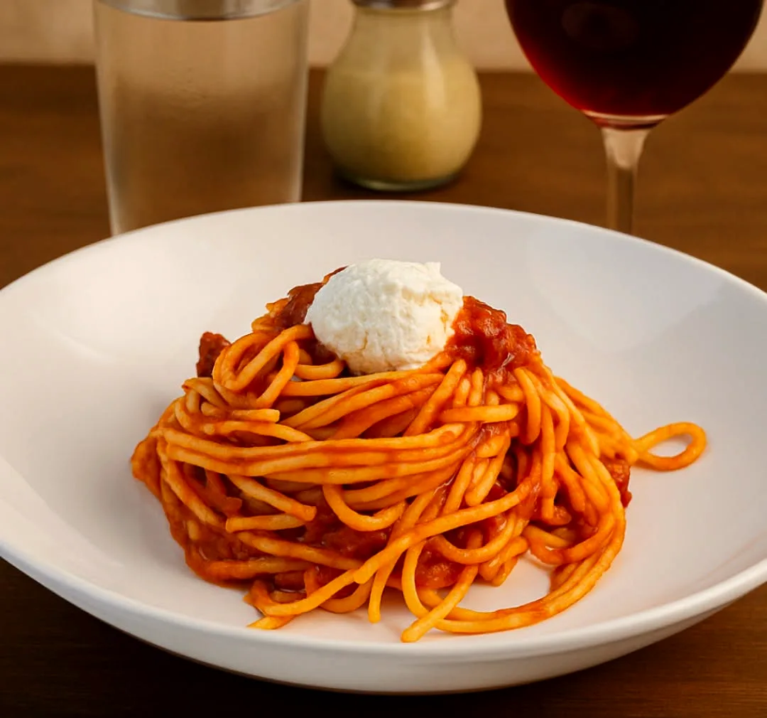 Spaghetti pomodoro turned into a nest with a quenelle of ricotta on top