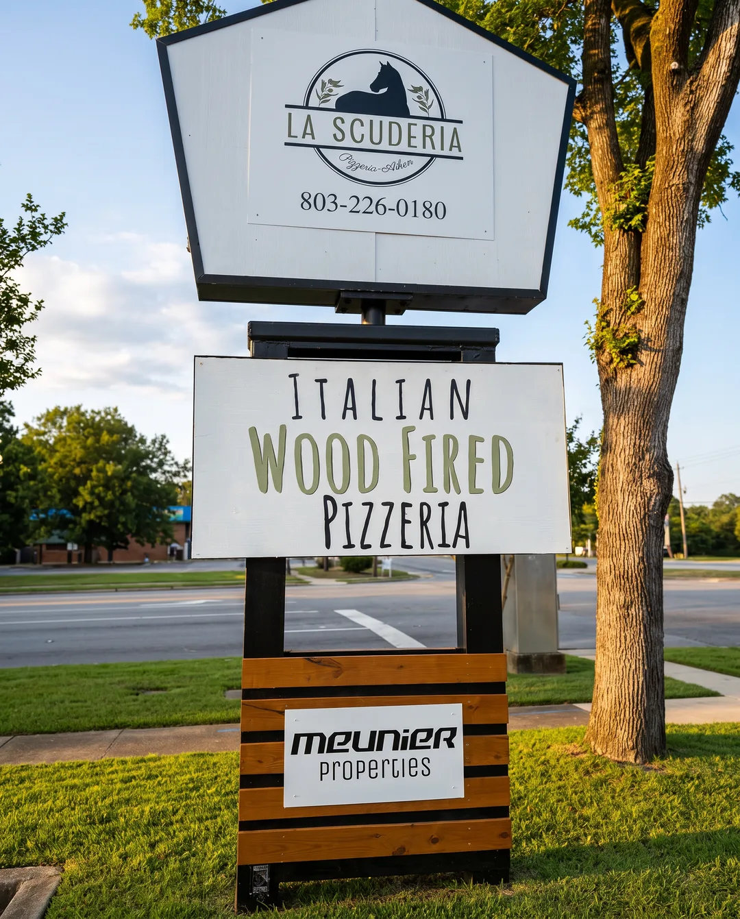The roadside sign: La Scuderia, Italian Wood Fired Pizzeria, 803-226-0180